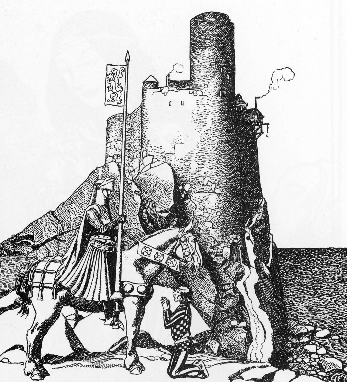 Artušovská legenda: Tristan přijíždí na hrad Nabon (Sir Tristam přijíždí na hrad Sira Nabona) Ilustrace Howarda Pylea (1853-1911) z „Příběhu šampionů kulatého stolu““ 1905 Soukromá sbírka od Howard Pyle