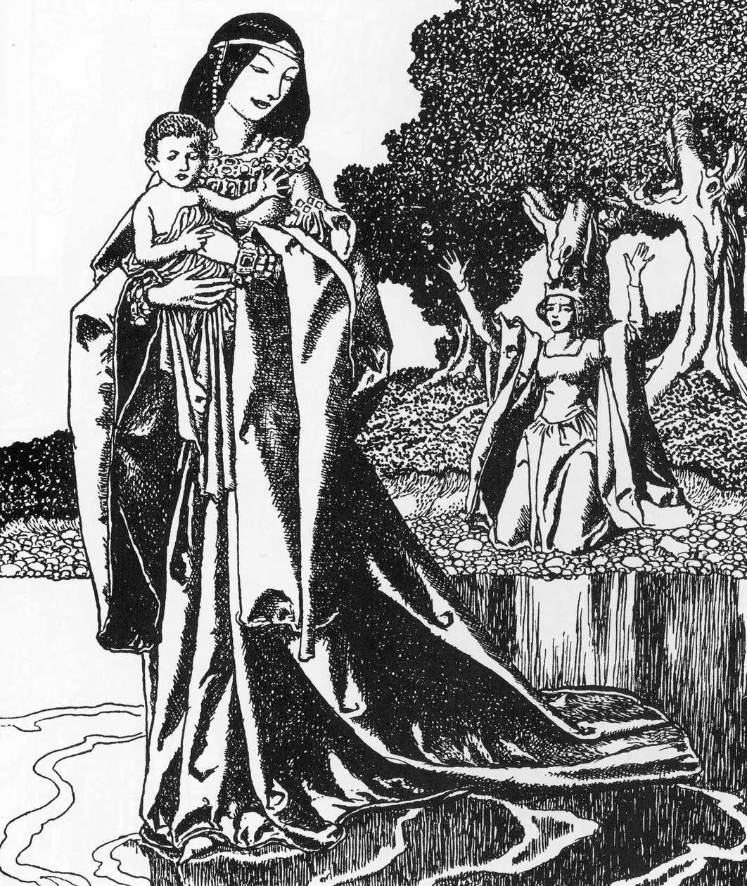 Arthurian Legend: la dame du Lac ableve Lancelot enfant (Lancelot je unesen Paní jezera) Ilustrace Howarda Pylea (1853-1911) z „Příběhu šampionů kulatého stolu““ 1903 Soukromá sbírka od Howard Pyle