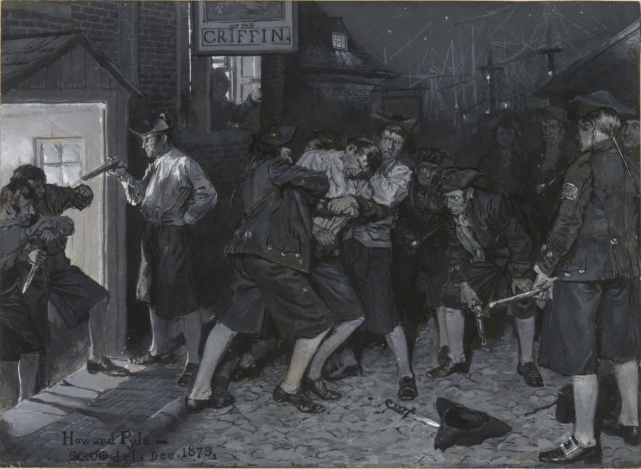 U vývěsního štítu Gryfa, kresba ilustrace k článku „Staré newyorské kavárny“ od Johna Austina Stevense od Howard Pyle