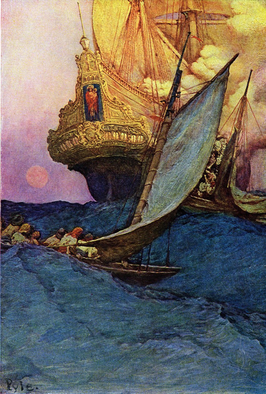Útok pirátů na galeonu. “” Kniha pirátů Buccaneers and Marooners of the Spanish Main” od Howarda Pylea (1853-1911), amerického ilustrátora od Howard Pyle