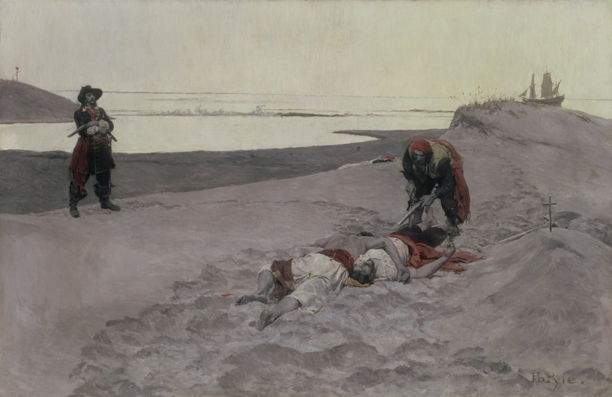 Mrtví muži nevyprávějí příběhy, 1899 (olej na plátně v grisaille) od Howard Pyle