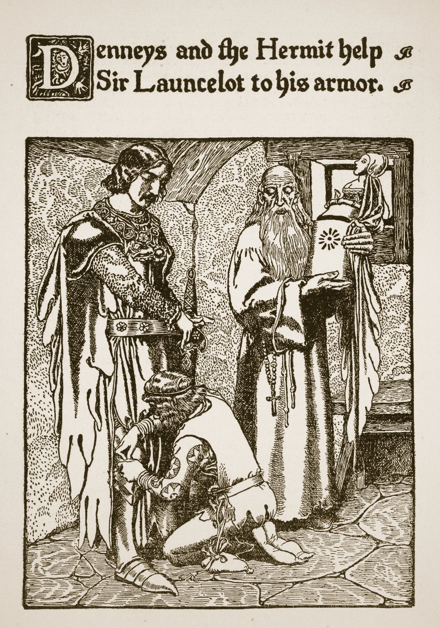 Denneys a poustevník pomáhají siru Launcelotovi do brnění, ilustrace z „Příběhu sira Launcelota a jeho společníků“, 1907 od Howard Pyle