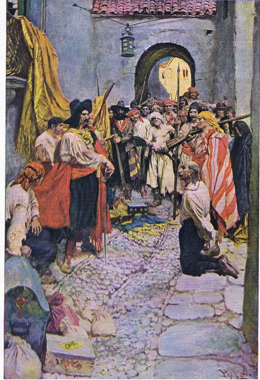 Vymáhání úcty od občanů, z knihy Howarda Pylese Book of Pirates vydané nakladatelstvím Harper & Bros, 1921 od Howard Pyle