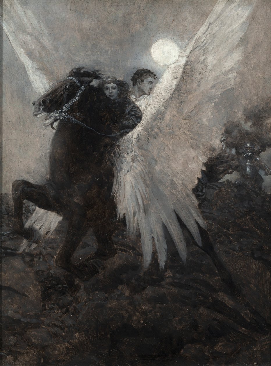Rychle přeletěl černý okřídlený kůň z „The Garden Behind the Moon“ od Howarda Pylea od Howard Pyle