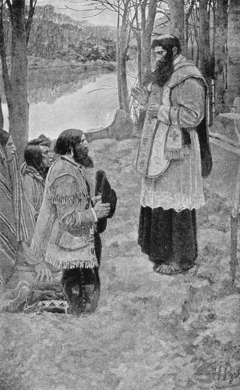 Otec Hennepin celebrující mši, ilustrace z „La Salle a objev Velkého západu“ od Francise Parkmana od Howard Pyle