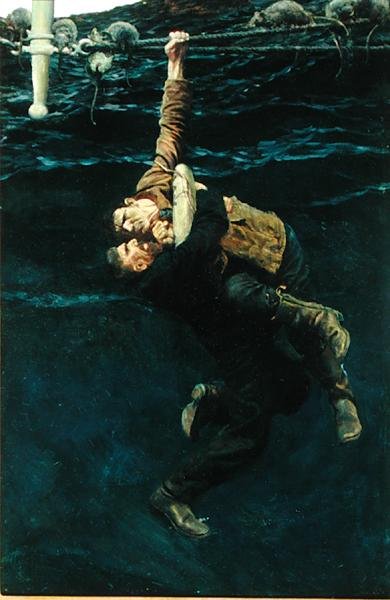 Ztratil své držení a spadl, vzal mě s sebou, z „The Grain Ship“ od Morgana Robertsona, publikované v Harper