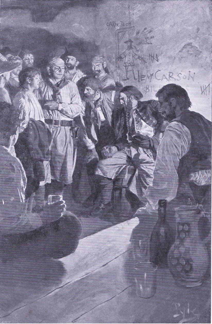 Vedl Jacka k muži, který seděl na sudu, z Knihy pirátů Howarda Pylea vydané nakladatelstvím Harper & Bros, 1921. od Howard Pyle