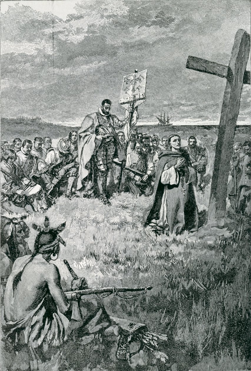 Jacques Cartier (1491-1557) Nastavení kříže u Gaspe, ilustrace z 