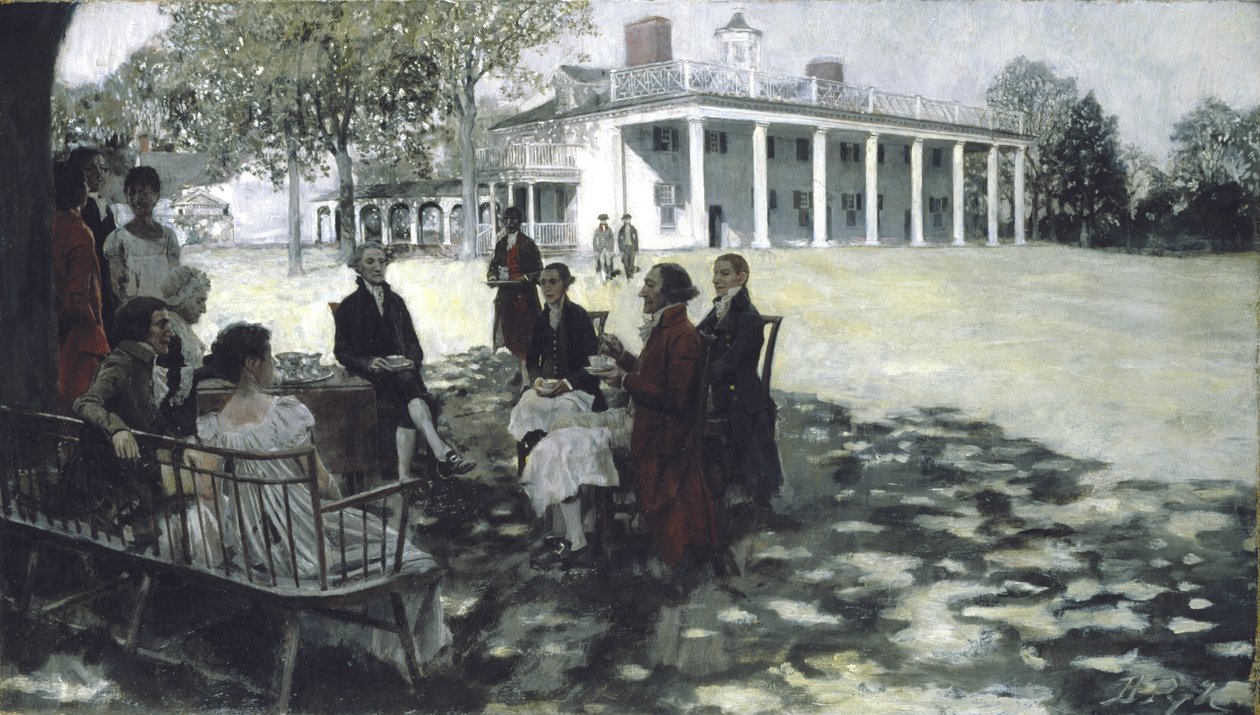 Martha a George Washington baví své přátele na trávníku Mount Vernon, 1898 (olej a grisaille na plátně) od Howard Pyle
