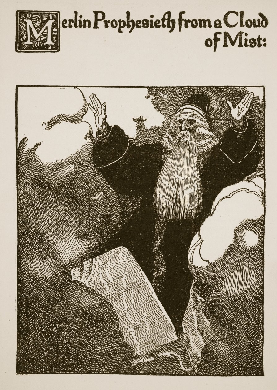 Merlin Prophesieth from cloud of Mist, ilustrace z „Příběhu sira Launcelota a jeho společníků“, 1907 od Howard Pyle