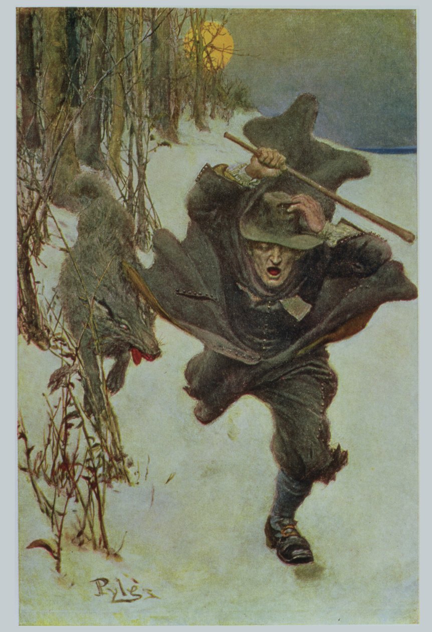 Jednou zahnala doktora Wilkinsona až do samotného města, ilustrace z knihy Howarda Pyla "The Salem Wolf", vydáno v Harper