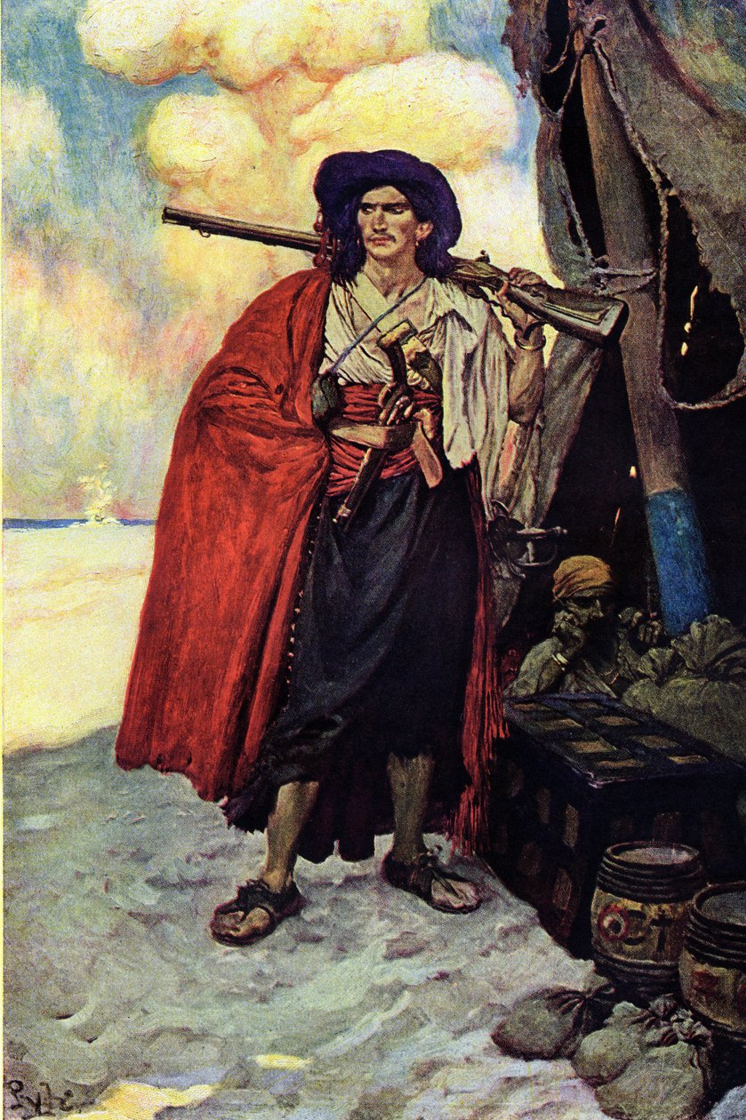Portrét piráta ozbrojeného puškou. Poblíž něj opouští pokladník a stan postavený na ostrově. Ilustrace z „Knihy pirátů Buccaneers and Marooners of the Spanish Main“ od Howarda Pylea (1853-1911), amerického ilustrátora od Howard Pyle
