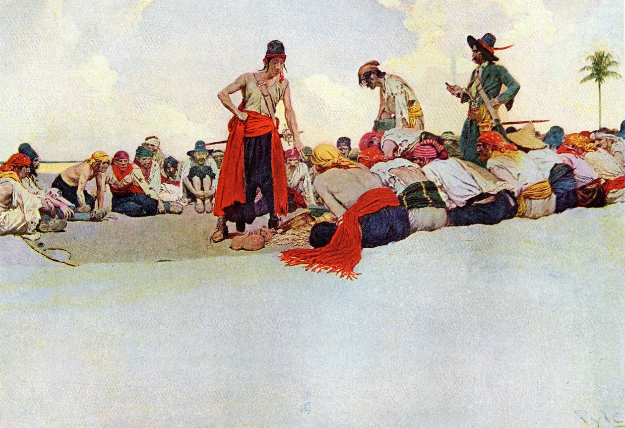 Sdílení pokladu mezi piráty se sešlo v kruhu. Ilustrace z „Knihy pirátů Buccaneers and Marooners of the Spanish Main“ od Howarda Pylea (1853-1911), amerického ilustrátora od Howard Pyle