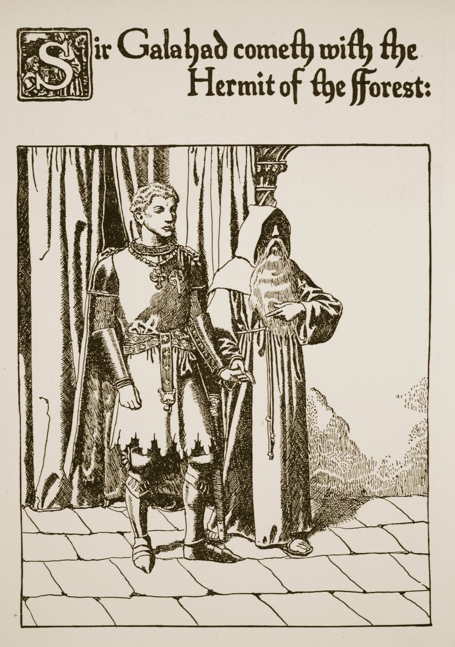 Sir Galahad přichází s Poustevníkem z lesa, ilustrace z „Příběhu grálu a Artušova míjení“, kolem roku 1910 od Howard Pyle