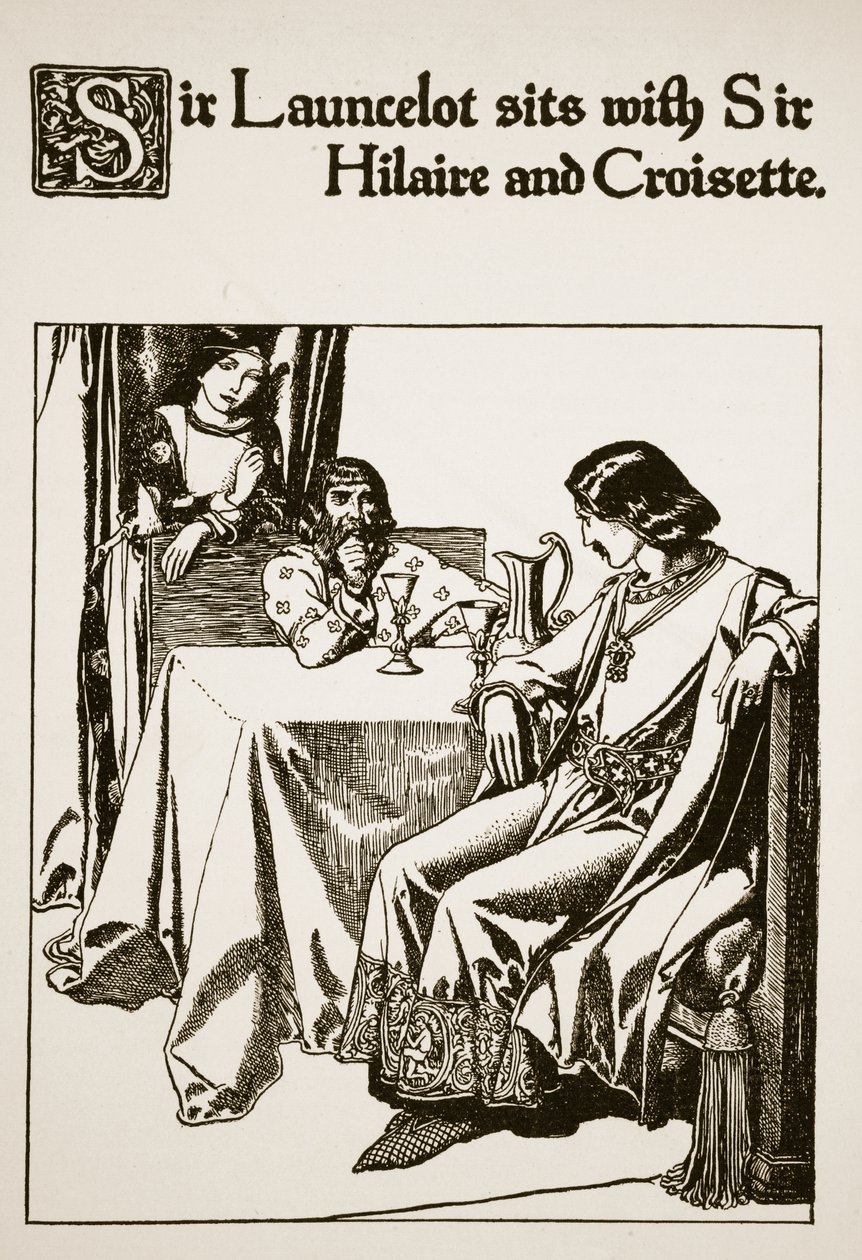 Sir Launcelot sedí se sirem Hilairem a Croisette, ilustrace z knihy "Příběh mistrů kulatého stolu". od Howard Pyle