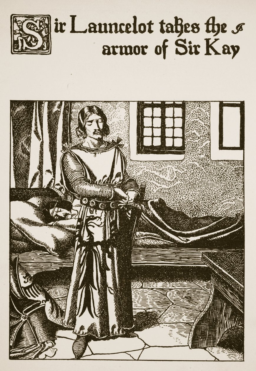 Sir Launcelot si bere brnění Sira Kaye, ilustrace z „Příběhu šampionů kulatého stolu“ od Howard Pyle