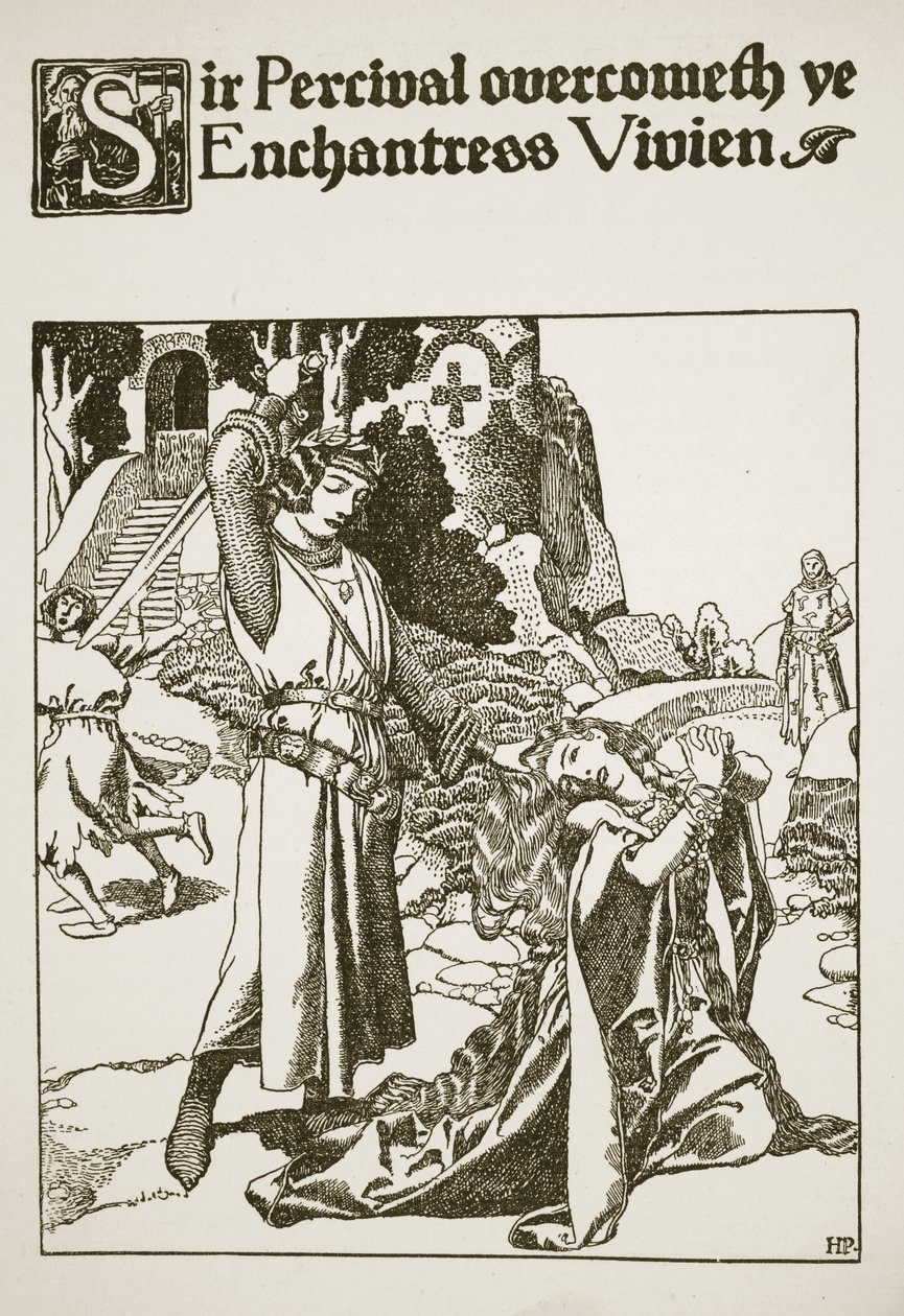 Sir Percival přemohl vaši kouzelnici Vivien, ilustrace z „Příběhu šampionů kulatého stolu“ od Howard Pyle