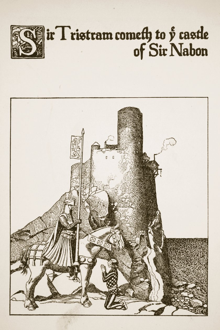 Sir Tristram přichází na hrad sira Nabona, ilustrace z "Příběhu mistrů kulatého stolu". od Howard Pyle