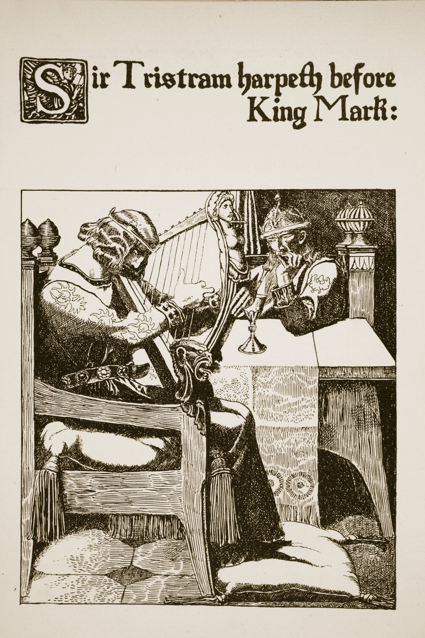 Sir Tristram harfuje před králem Markem, ilustrace z „Příběhu šampionů kulatého stolu“ od Howard Pyle
