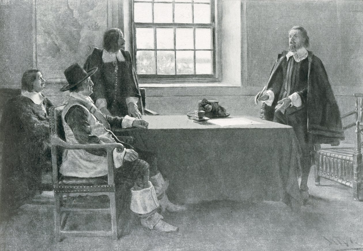 Sir William Berkeley Vzdává se komisařům Commonwealthu, ilustrace z 