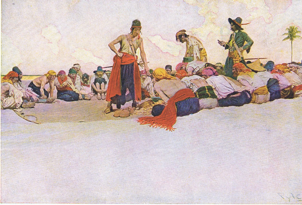 Poklad byl tedy rozdělen, z knihy Howarda Pylese Book of Pirates vydané nakladatelstvím Harper & Bros, 1921 od Howard Pyle