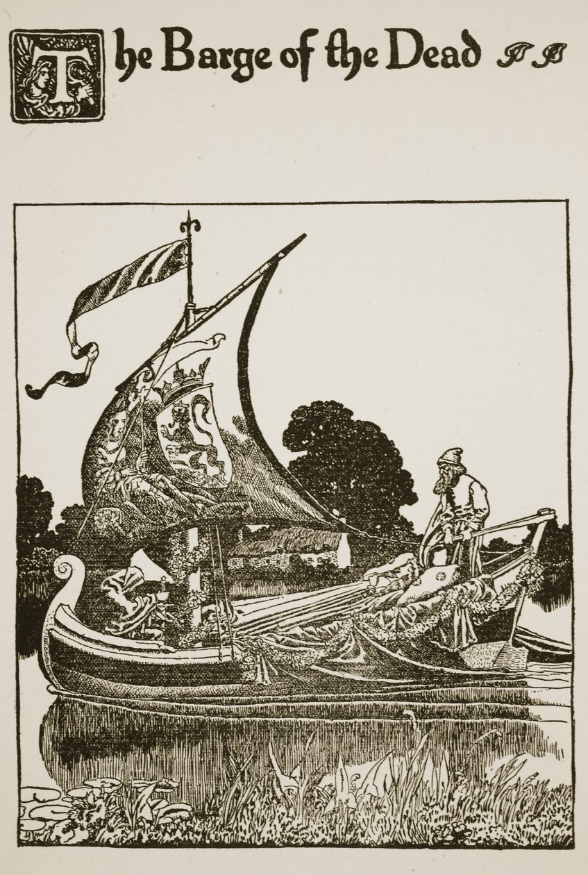 The Barge of the Dead, ilustrace z „Příběhu sira Launcelota a jeho společníků“, 1907 od Howard Pyle