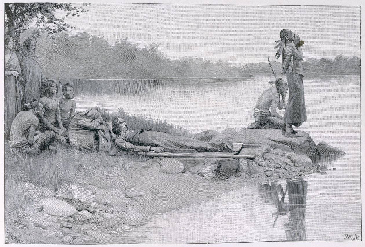 Smrt indiánského náčelníka Alexandra, bratra krále Filipa, ilustrace z „Indiánské cesty“ od Lucy C. Lillie, hospoda. v Harper
