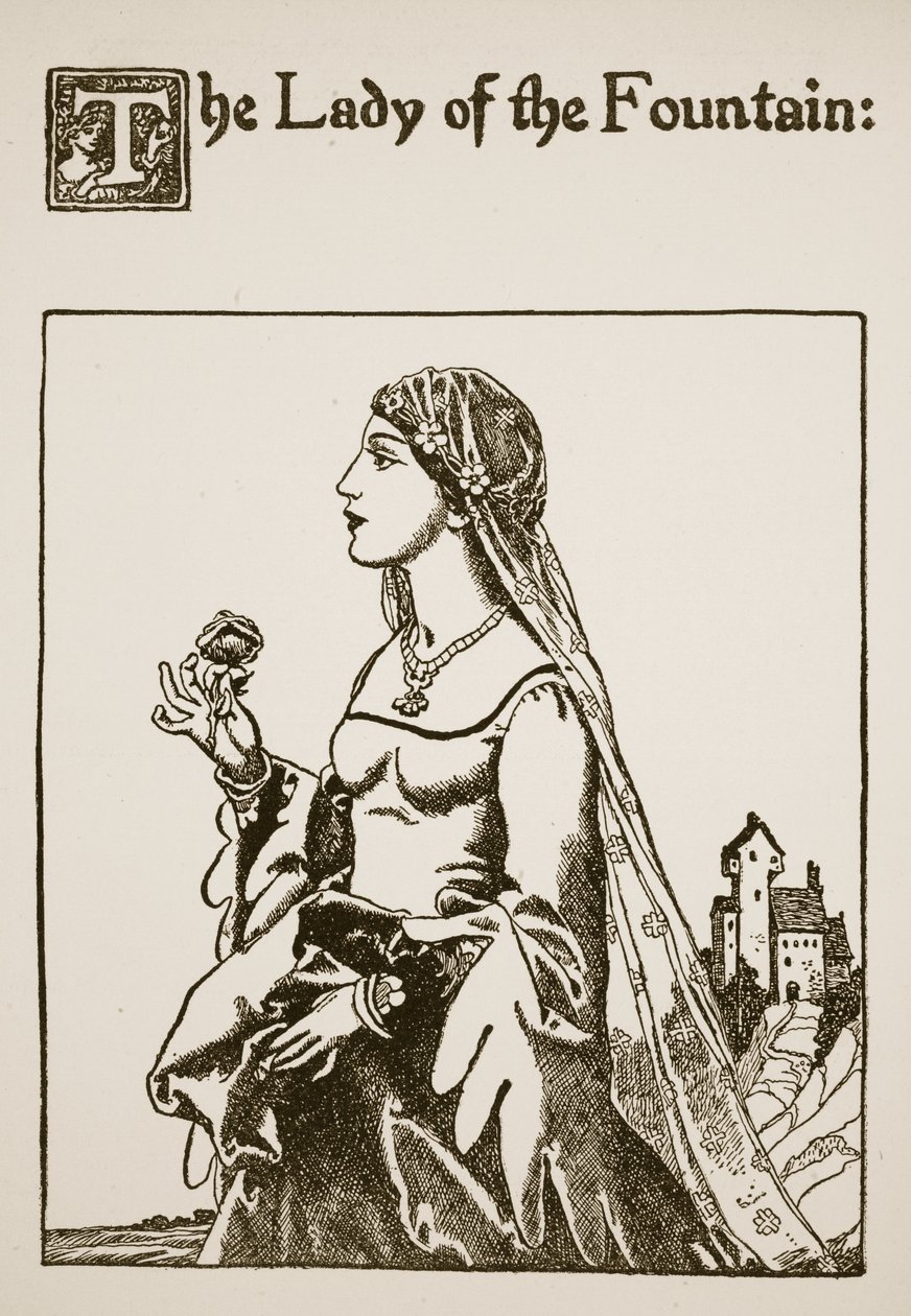 Dáma z fontány, ilustrace z Příběhu sira Launcelota a jeho společníků, 1907 od Howard Pyle