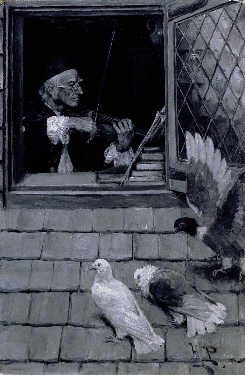 Staré housle, 1894 (olej na plátně v grisaille) od Howard Pyle