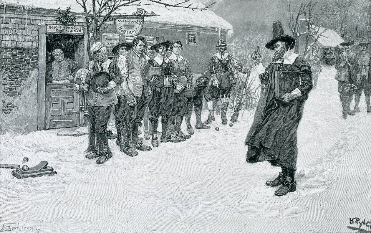 Puritánský guvernér přerušuje vánoční sportování, rytina J. Bernstroma, ilustrace z knihy "Christmas" od George Williama Curtise, vydáno v Harper