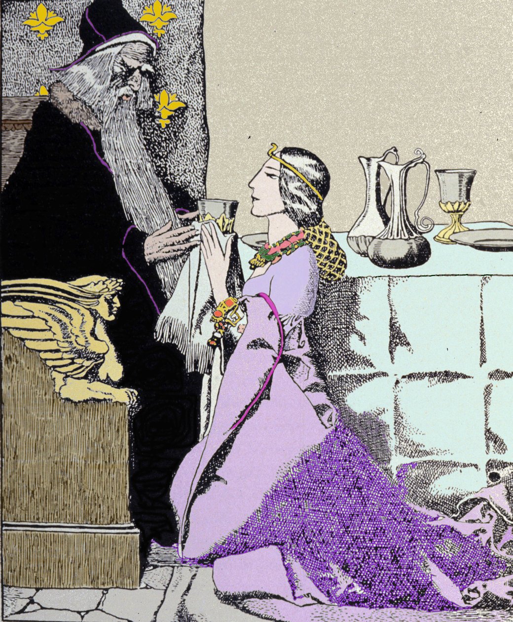 Poplatek za Viviane uchvátí Zaklínače Merlina. Ilustrace Howard Pyle (1853 - 1911), americký ilustrátor od Howard Pyle