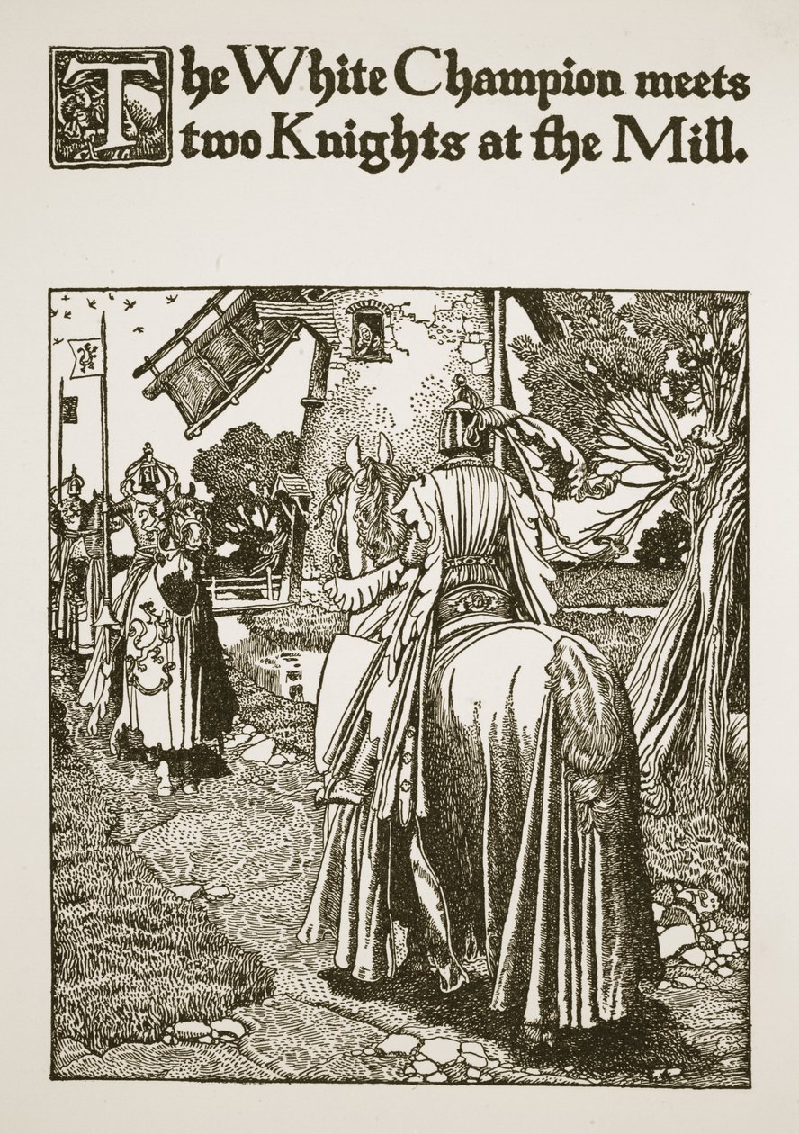 Bílý šampion se setkává se dvěma rytíři ve mlýně, ilustrace z „Příběhu krále Artuše a jeho rytířů“, 1903 od Howard Pyle