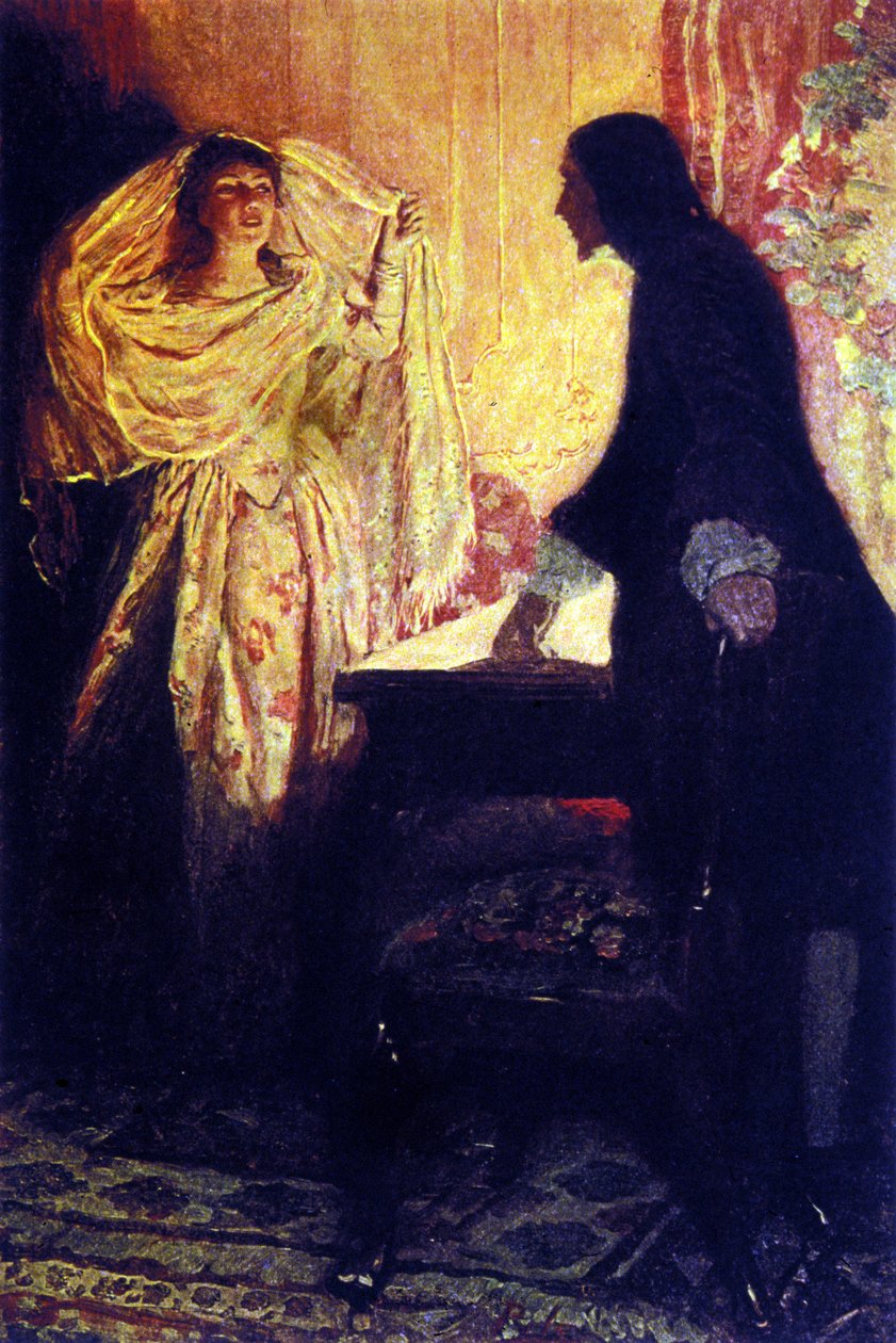 Setkání s dcerou kapitána Keitha. Ilustrace z „Knihy pirátů Buccaneers and Marooners of the Spanish Main“ od Howarda Pylea (1853-1911), amerického ilustrátora od Howard Pyle