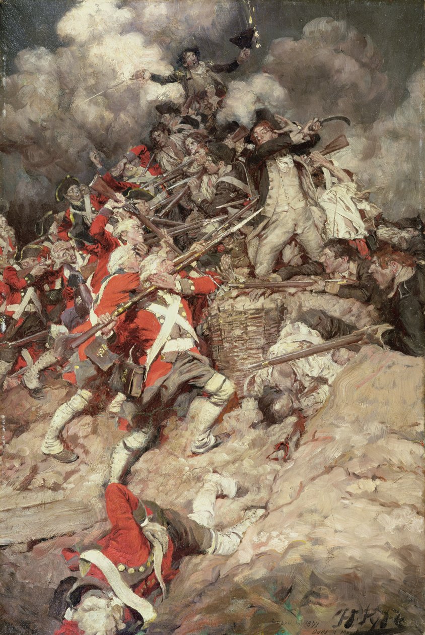 Vyškrábali se po parapetu a přešli přes vrchol, Pell Mell, Upon the British, nebo The Battle of Yorktown, z „Janice Meredith“ od Paula Leicestera Forda (1865-1902), vydaného v roce 1899 (olej na plátně) od Howard Pyle