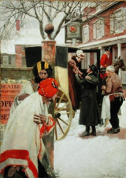 V poslední fázi cesty se zastavili na večeři v hospodě (nebo The Spies) z filmu „Cena krve“ od Howarda Pylea (olej na plátně) od Howard Pyle