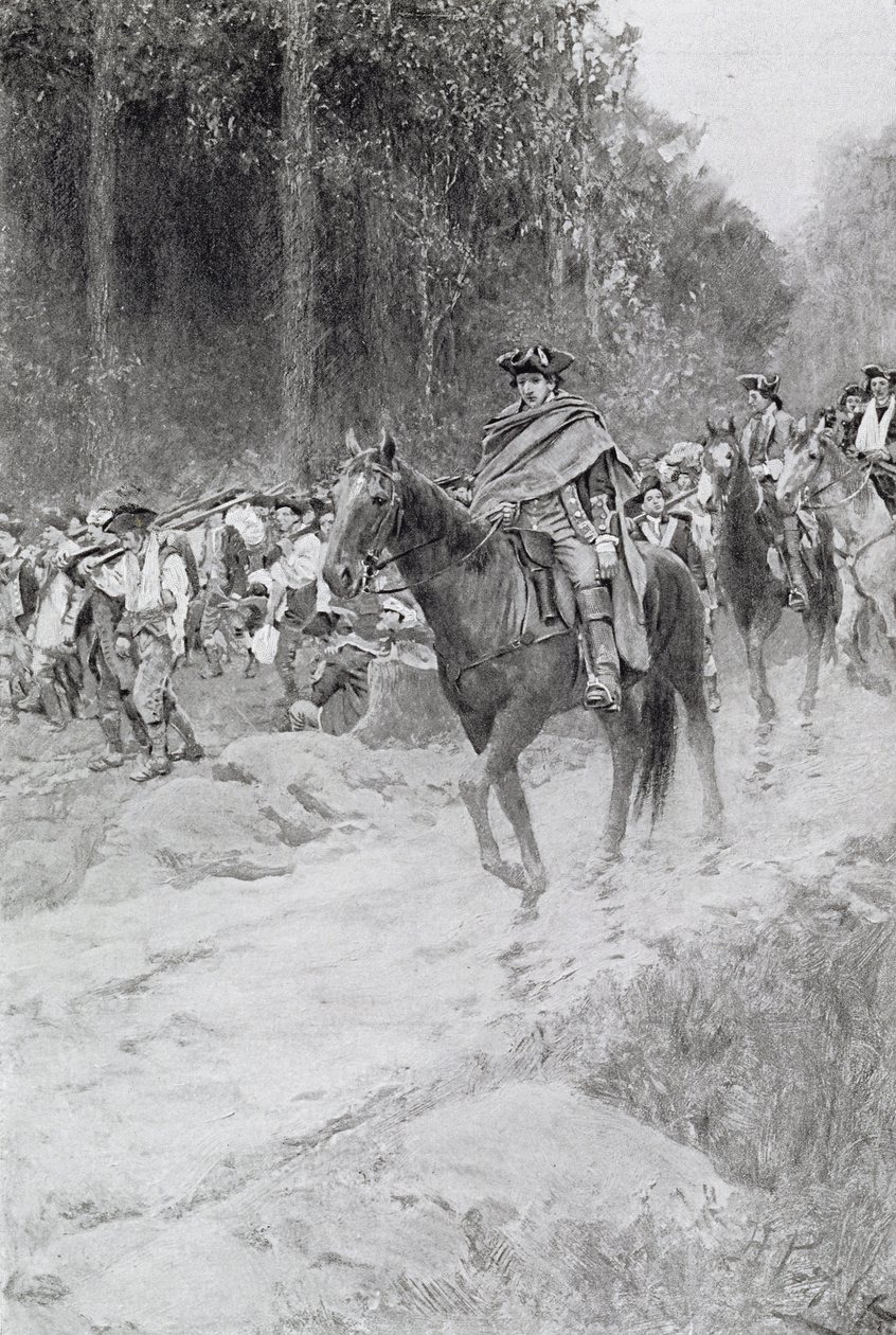 Washingtonův ústup z Great Meadows, ilustrace z knihy "Colonel Washington" od Woodrowa Wilsona, publikované v Harper
