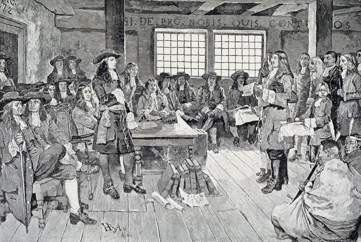 William Penn na konferenci s kolonisty, ilustrace z hospody „První návštěva Williama Penna v Americe“. v Harper