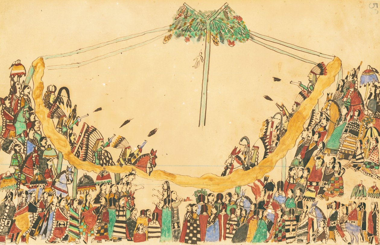 Válečníci při svém velkolepém vstupu do Medicine Lodge před zahájením tance, 1874-75 (pero, inkoust a wc na účetním papíře) od Howling Wolf