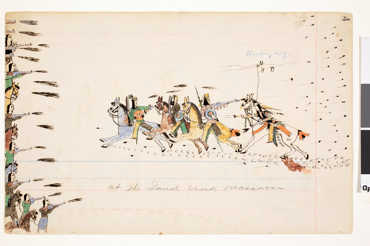 At the Sand Creek Massacre, 1874-75 (pero, inkoust a wc na účetním papíře) od Howling Wolf