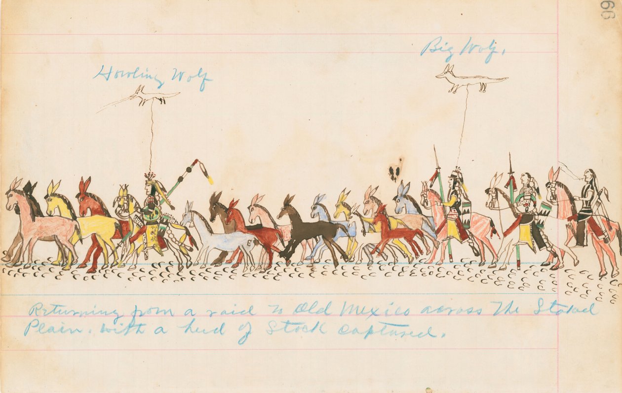 Návrat z nájezdu do starého Mexika přes Staked Plains s ukořistěným stádem zásob, 1874-75 (pero, inkoust a wc na účetním papíře) od Howling Wolf