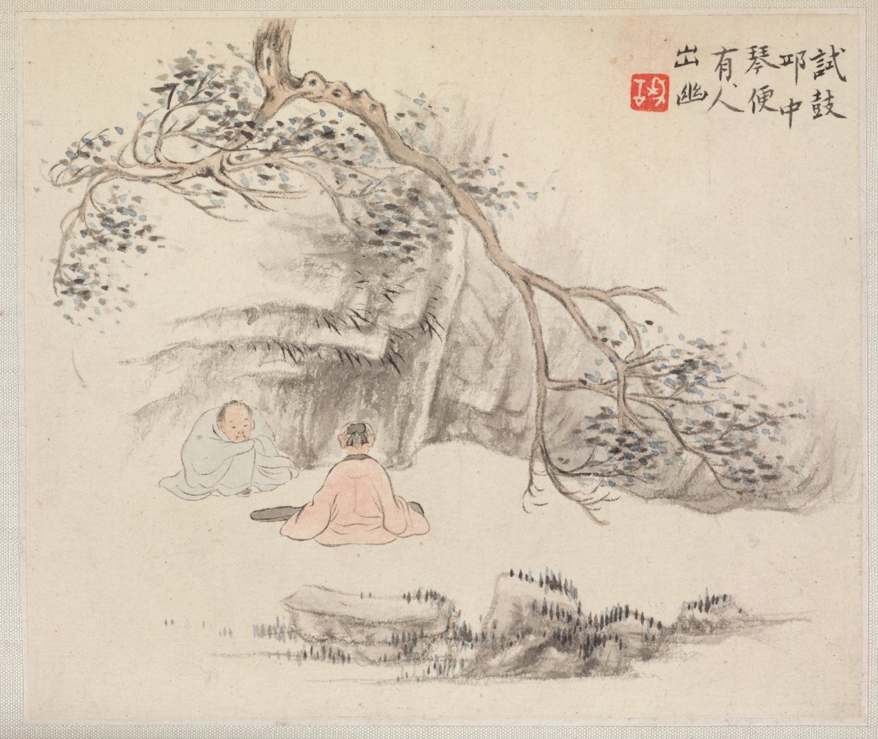 Album krajinných maleb ilustrujících staré básně: Dvě postavy venku..., 1700. od Hua Yan