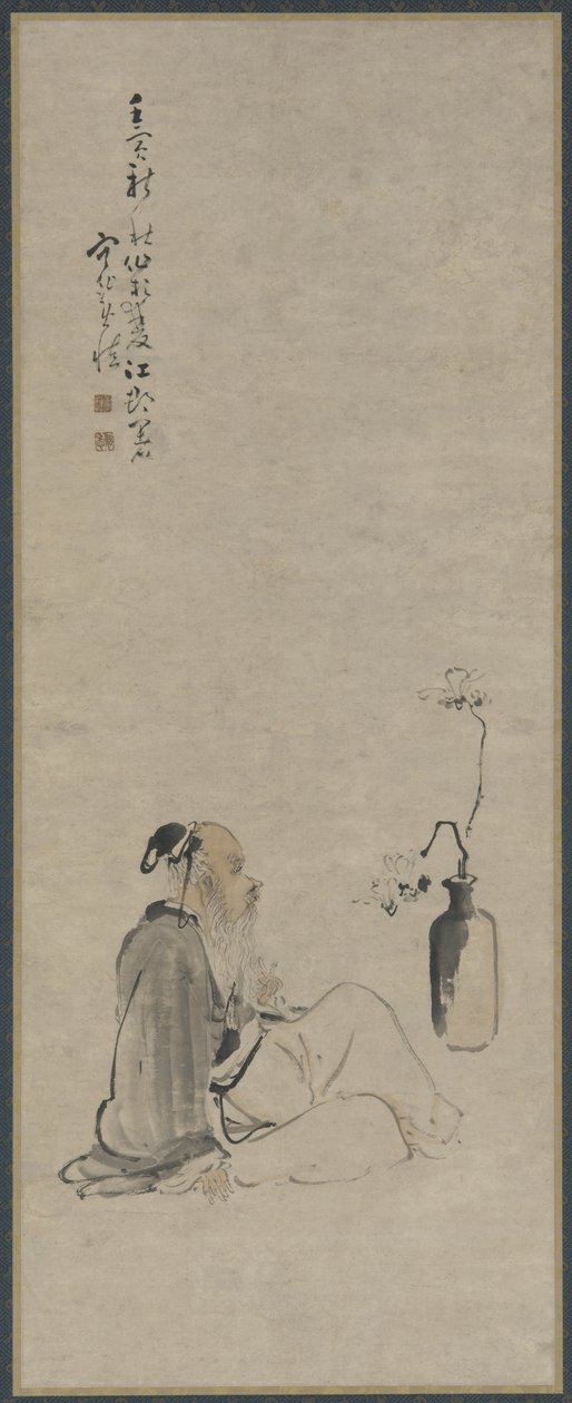 Starý muž hledící na větve magnólie ve váze, dynastie Qing, 1722 (inkoust a barva na papíře) od Huang Shen