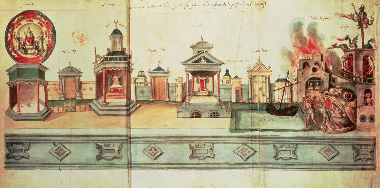 Ms fr.12536 f.2 The Scenery for Valenciennes Mystery Play, 1547 (kvaš a inkoust) od Hubert Cailleau