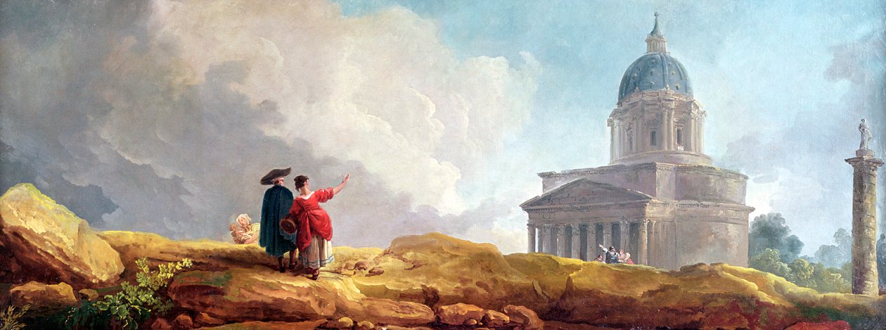 Kostel vystavený cestovateli v rozsáhlé krajině od Hubert Robert