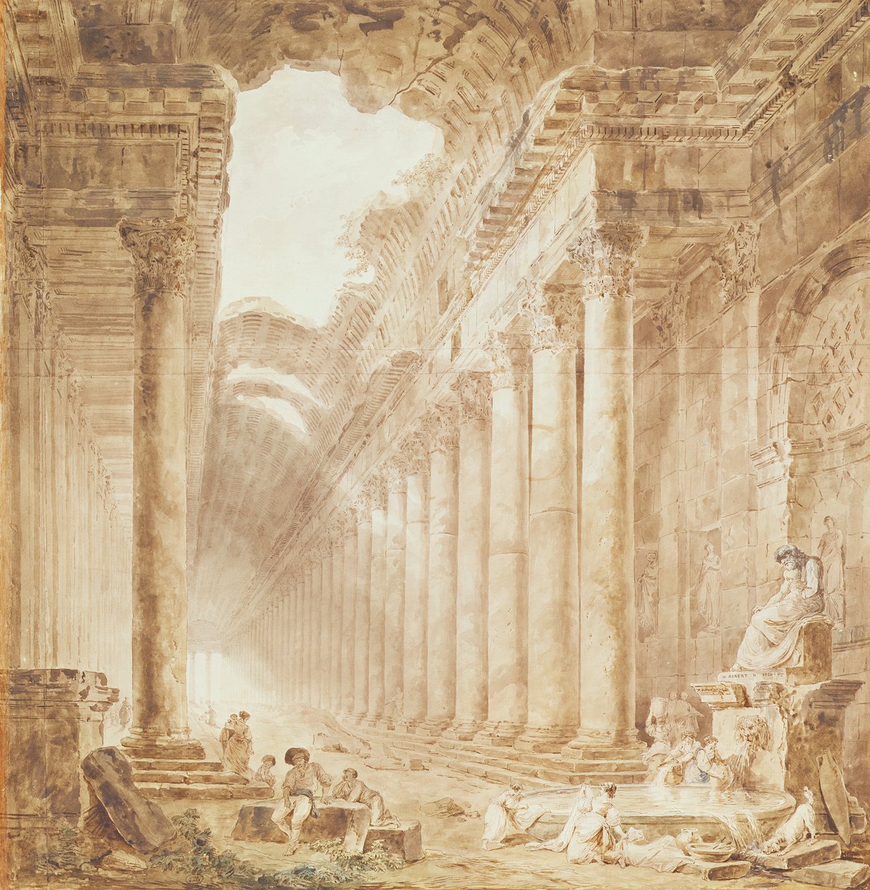 Kolonáda v ruinách, 1780 (pero a inkoust a wc na papíře) od Hubert Robert