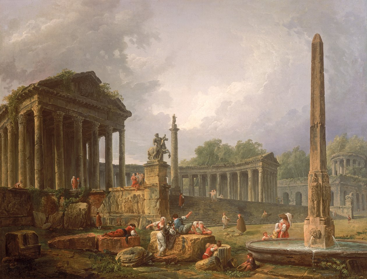 Architektonické Capriccio s chrámem a obeliskem, 1798 od Hubert Robert