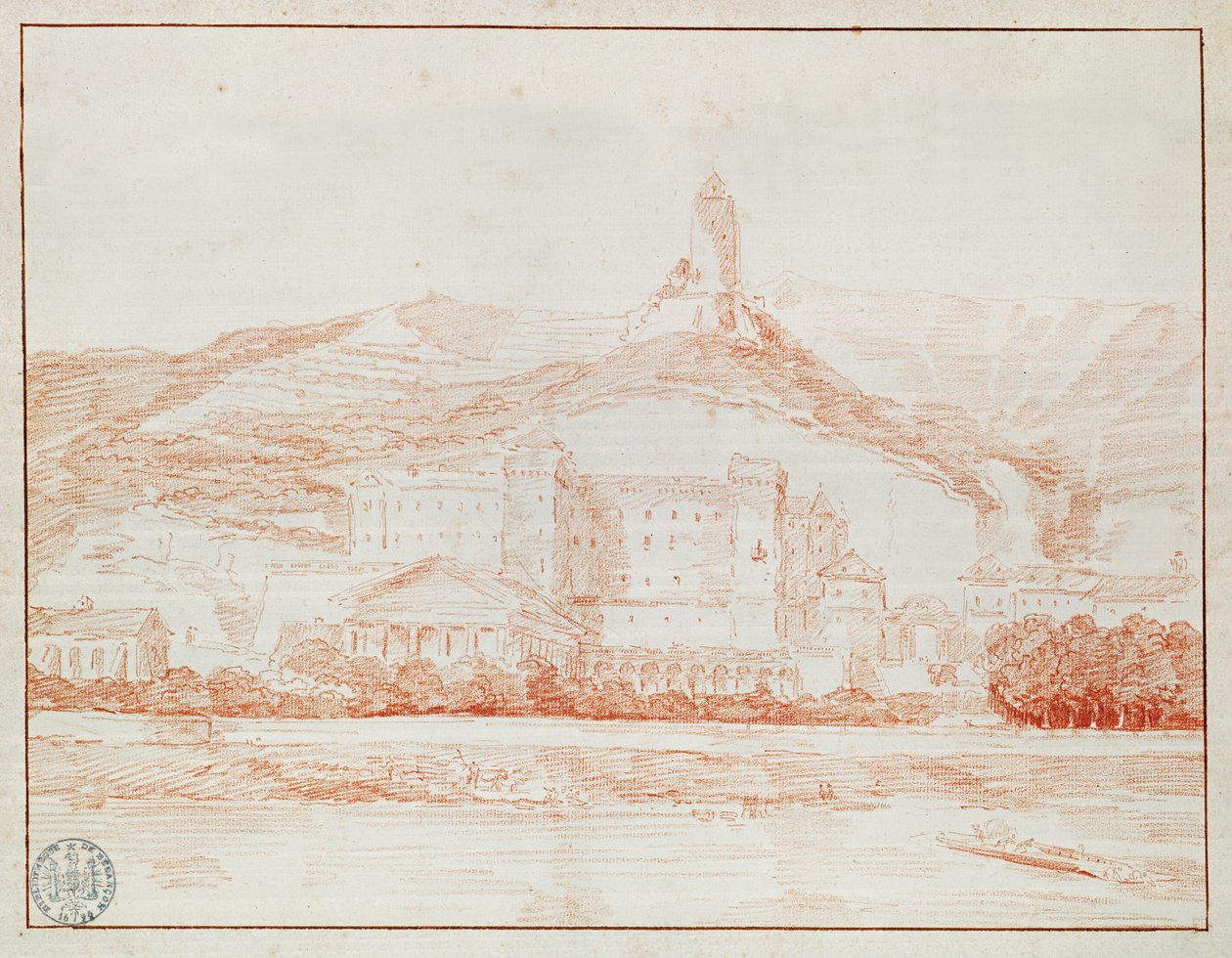 Château de La Roche-Guyon (červená křída na papíře) od Hubert Robert