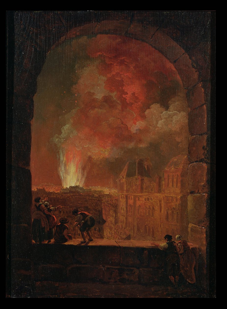 Požár v opeře Palais-Royal, pohled z Louvru, 1781 od Hubert Robert