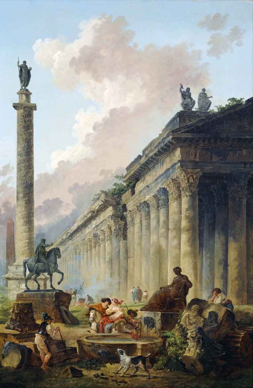 Imaginární pohled na Řím s jezdeckou sochou Marka Aurelia, Trajánovým sloupem a chrámem od Hubert Robert