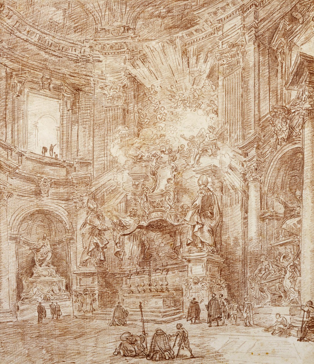Interiér kostela (červená křída na papíře) od Hubert Robert